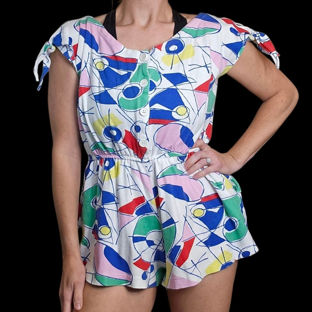 VTG 80s 90s Abstract Knit Romper Multi-color Coverup Super Short Sz S/M Pockets